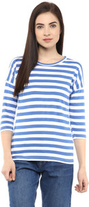 Hypernation Striped Women's Round Neck Blue, White T-Shirt
