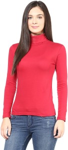 Hypernation Solid Women's Turtle Neck Red T-Shirt