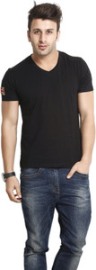 Gritstones Solid Men's V-neck Black T-Shirt