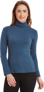 Hypernation Solid Women's Turtle Neck Blue T-Shirt