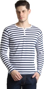 BigIdea Striped Men's Henley White, Dark Blue T-Shirt