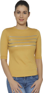 Cult Fiction Striped Women's Round Neck Yellow T-Shirt
