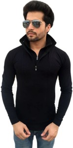Tees Collection Solid Men's Flap Collar Neck Black T-Shirt
