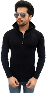 tees collection solid men flap collar neck black t-shirt Men's Stylish Half Zip Double 