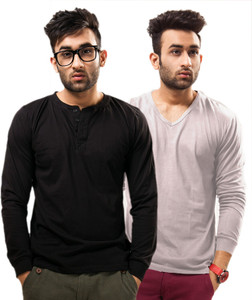 Unisopent Designs Solid Men's Henley Black, Grey T-Shirt