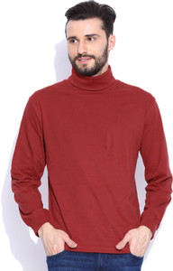Dream of Glory Inc. Solid Men's Turtle Neck Maroon T-Shirt