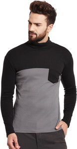 Hypernation Solid Men's Turtle Neck Grey, Black T-Shirt