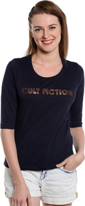 Cult Fiction Solid Women's Round Neck Dark Blue T-Shirt