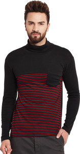 Hypernation Striped Men's Turtle Neck Black, Red T-Shirt