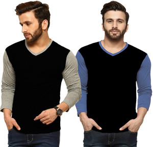 Tripr Solid Men's V-neck Multicolor T-Shirt