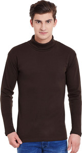Hypernation Solid Men's Turtle Neck Brown T-Shirt