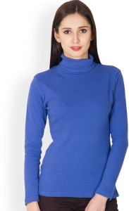 Hypernation Solid Women's Turtle Neck Blue T-Shirt