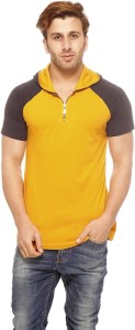 Gritstones Solid Men's Hooded Yellow T-Shirt
