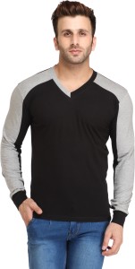 Leana Solid Men's V-neck Black, Grey T-Shirt