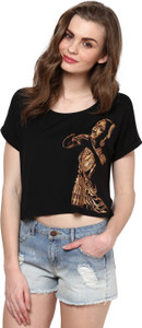Maati Self Design Women's Round Neck Black T-Shirt
