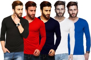 Tripr Solid Men's V-neck Multicolor, Black, Red, Dark Blue, White, Blue T-Shirt