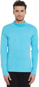 Hypernation Solid Men's Turtle Neck Light Blue T-Shirt