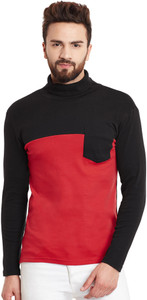 Hypernation Solid Men's Turtle Neck Red, Black T-Shirt