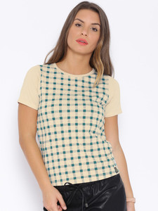 Cult Fiction Checkered Women's Round Neck Beige T-Shirt