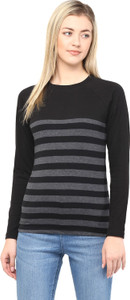 Hypernation Striped Women's Round Neck Black, Grey T-Shirt