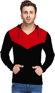 Leana Solid Men's Hooded Red, Black T-Shirt