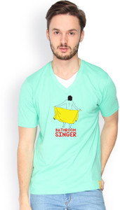 Campus Sutra Solid Men V-neck Green T-Shirt