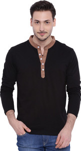 Campus Sutra Solid Men Henley Black T-Shirt