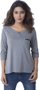 Cult Fiction Solid Women's Henley Grey T-Shirt