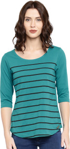 Cult Fiction Striped Women's Round Neck Blue T-Shirt