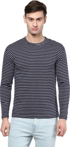 Hypernation Striped Men's Round Neck Blue, White T-Shirt