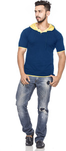 Demokrazy Solid Men's Hooded Dark Blue T-Shirt