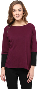 Miss Chase Solid Women's Round Neck Maroon, Black T-Shirt