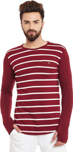 Hypernation Striped Men's Round Neck Maroon, White T-Shirt