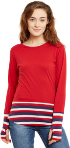 Hypernation Solid, Striped Women's Round Neck Red, Blue, White T-Shirt