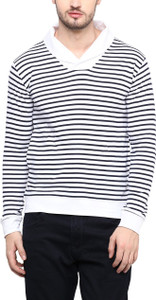 Hypernation Striped Men's Draped Neck Blue, White T-Shirt