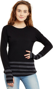 Hypernation Solid, Striped Women's Round Neck Black, Grey T-Shirt