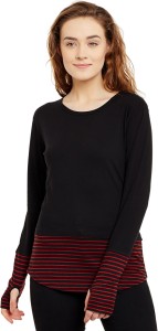 Hypernation Solid, Striped Women's Round Neck Black, Red T-Shirt