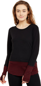 Hypernation Solid, Striped Women's Round Neck Black, Red T-Shirt