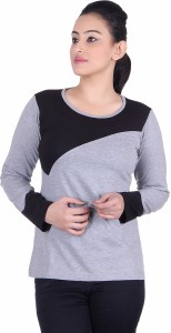 Vivid Bharti Self Design Women's Round Neck Black, Grey T-Shirt