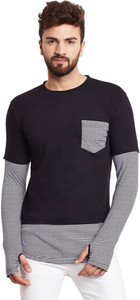 Hypernation Striped, Solid Men's Round Neck Black, White T-Shirt