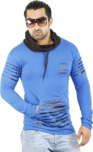 Perfect Creations Solid Men's Hooded Blue T-Shirt