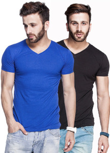 Tripr Solid Men's V-neck Multicolor, Black, Blue T-Shirt