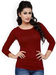 VIBHINTA Solid Women's Round Neck Maroon T-Shirt