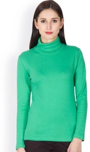 Hypernation Solid Women's Turtle Neck Green T-Shirt