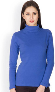 Hypernation Solid Women's Turtle Neck Blue T-Shirt