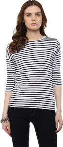 Hypernation Casual 3/4th Sleeve Striped Women's White, Black Top