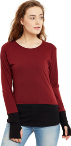Hypernation Solid Women's Round Neck Maroon, Black T-Shirt