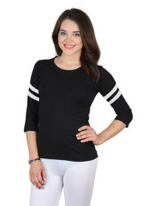 American Life Solid Women's Round Neck Black, White T-Shirt