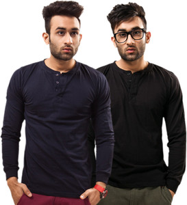 Unisopent Designs Solid Men's Henley Dark Blue, Black T-Shirt
