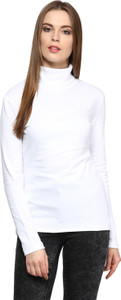 Hypernation Solid Women's Turtle Neck White T-Shirt